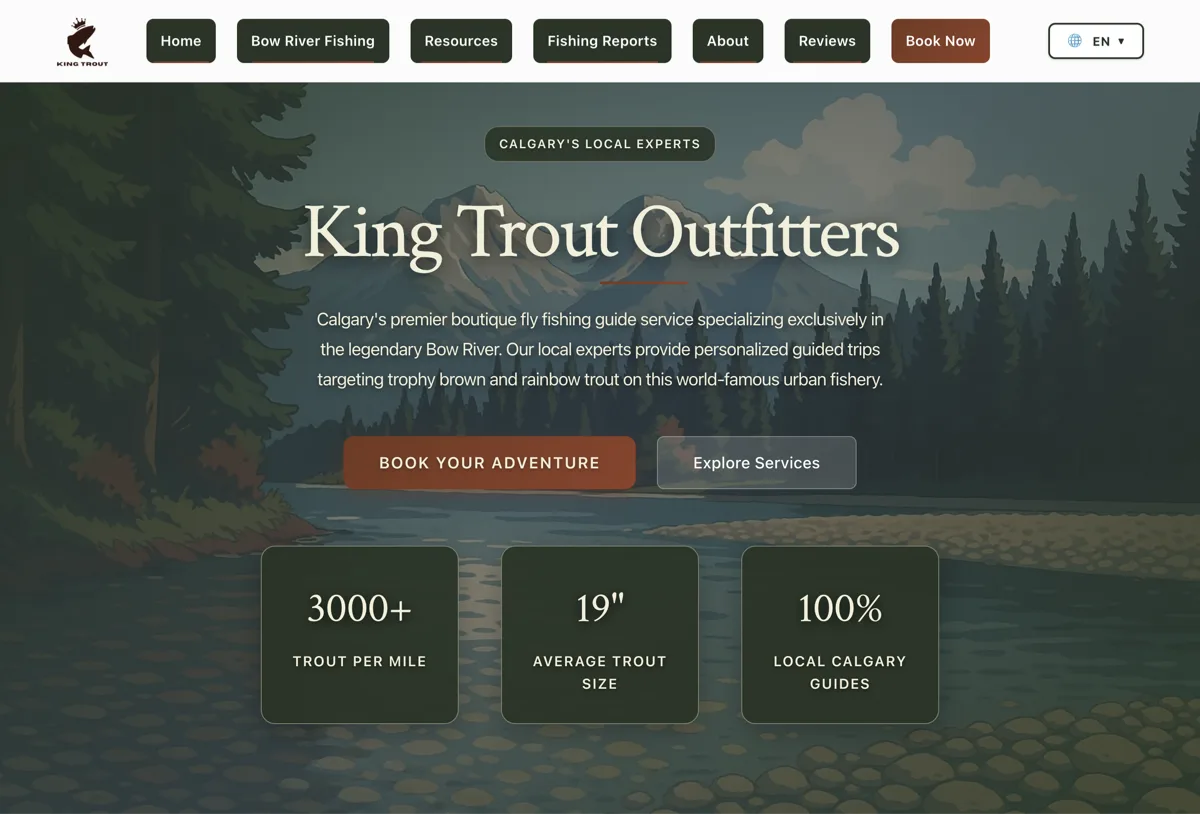 King Trout Outfitters custom website homepage showcasing BC fly fishing